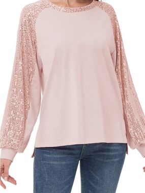 Adrianna Papell Blush Pink Sequin Raglan Sleeve Sweatshirt
